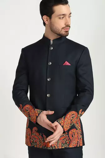 Blue polyester embroidered bandhgala