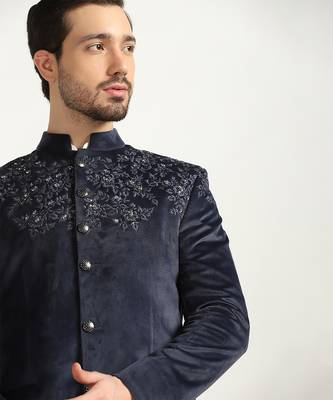 Blue velvet embroidered bandhgala 1