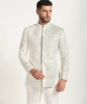 White polyester embroidered bandhgala 3