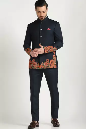 Blue polyester embroidered bandhgala