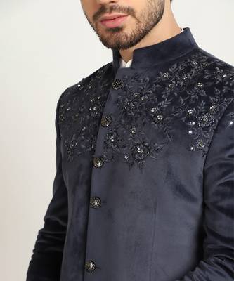 Blue velvet embroidered bandhgala 2