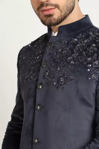 Blue velvet embroidered bandhgala