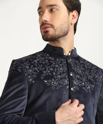 Blue velvet embroidered bandhgala 3