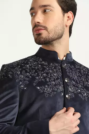 Blue velvet embroidered bandhgala