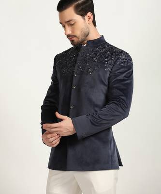 Blue velvet embroidered bandhgala 4