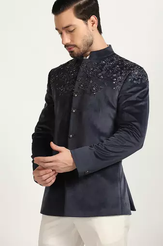 Blue velvet embroidered bandhgala