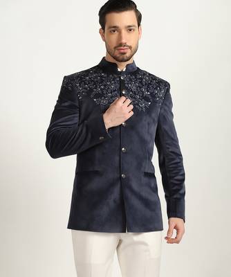 Blue velvet embroidered bandhgala 5