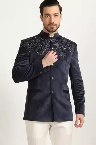 Blue velvet embroidered bandhgala