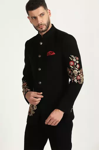 Black viscose embroidered bandhgala