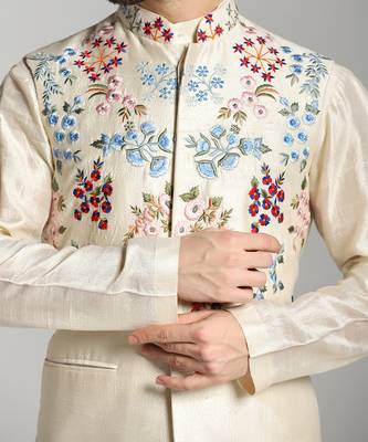 White silk embroidered kurta nehru jacket set 2