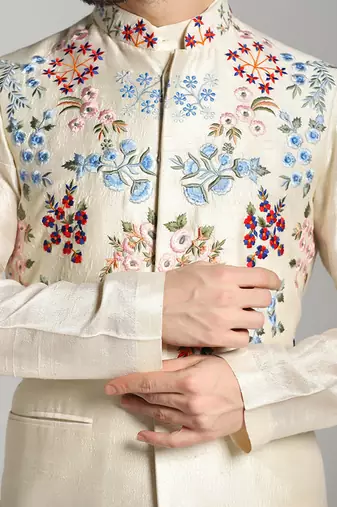 White silk embroidered kurta nehru jacket set