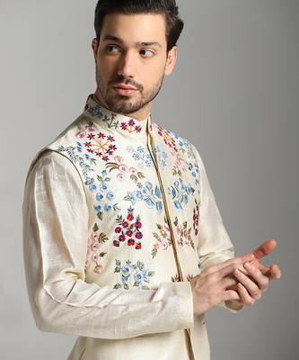 White silk embroidered kurta nehru jacket set 3