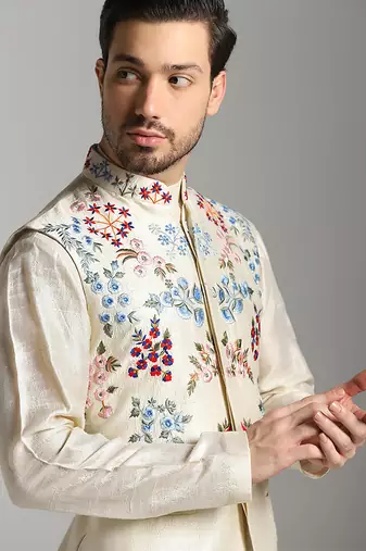 White silk embroidered kurta nehru jacket set