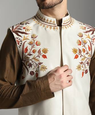 Brown cotton silk printed kurta nehru jacket set 1