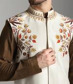 Brown cotton silk printed kurta nehru jacket set