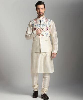 White silk embroidered kurta nehru jacket set 1