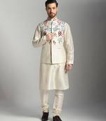 White silk embroidered kurta nehru jacket set