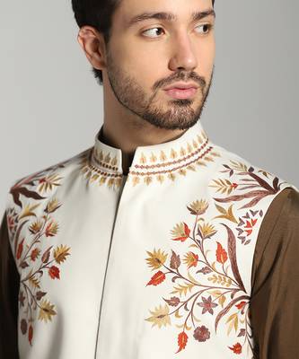 Brown cotton silk printed kurta nehru jacket set 2