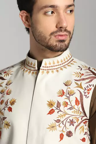 Brown cotton silk printed kurta nehru jacket set