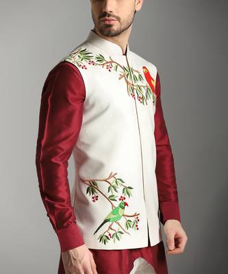 Maroon cotton silk printed kurta nehru jacket set 2