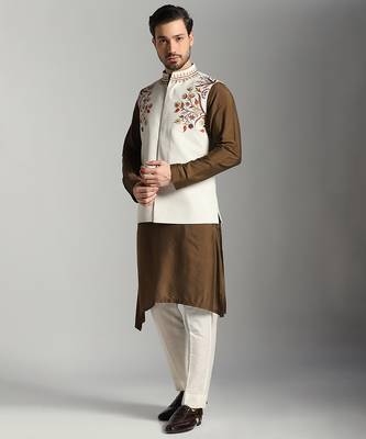 Brown cotton silk printed kurta nehru jacket set 3