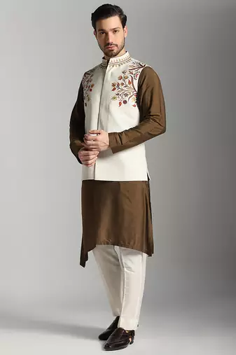 Brown cotton silk printed kurta nehru jacket set