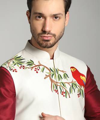 Maroon cotton silk printed kurta nehru jacket set 3