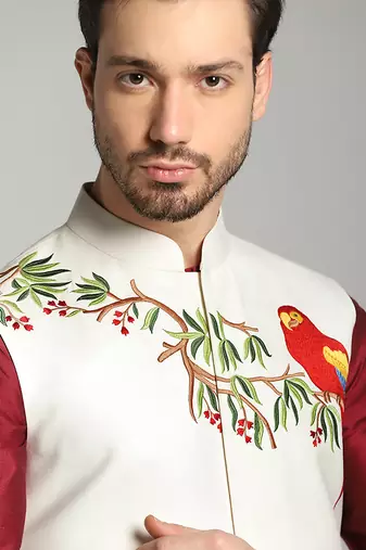 Maroon cotton silk printed kurta nehru jacket set