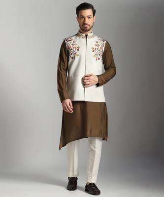 Brown cotton silk printed kurta nehru jacket set 4