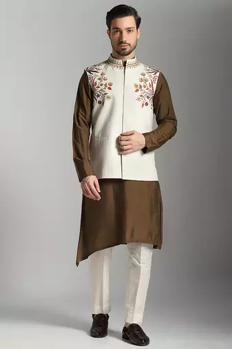 Brown cotton silk printed kurta nehru jacket set