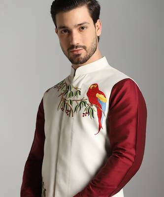 Maroon cotton silk printed kurta nehru jacket set 4