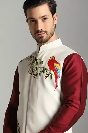 Maroon cotton silk printed kurta nehru jacket set