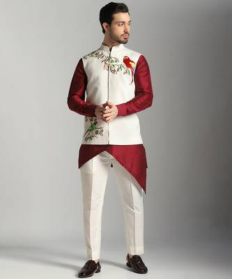 Maroon cotton silk printed kurta nehru jacket set 1