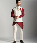 Maroon cotton silk printed kurta nehru jacket set
