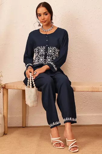 Hand embroidered navy blue cotton lucknowi chikankari co-ord set