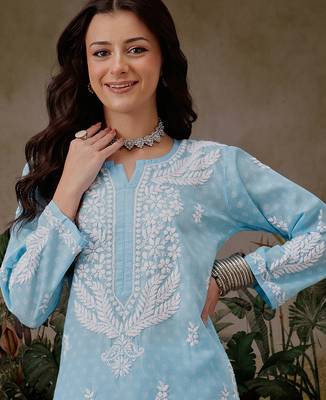 Hand embroidered blue cotton lucknowi chikankari co-ord set 6