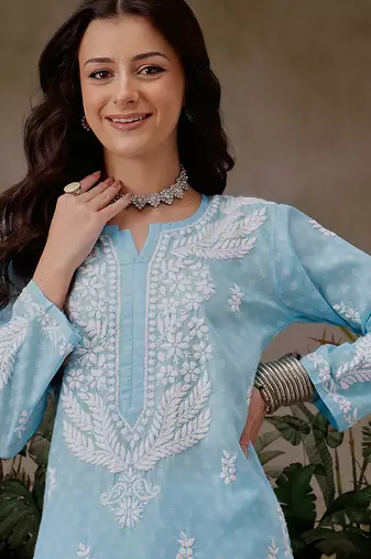 Hand embroidered blue cotton lucknowi chikankari co-ord set