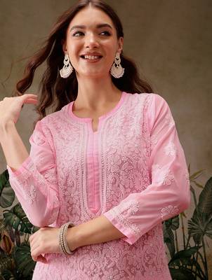 Hand embroidered baby pink georgette lucknowi chikankari straight kurta with palazzo 6