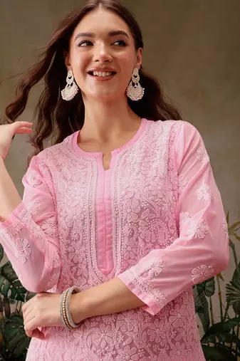Hand embroidered baby pink georgette lucknowi chikankari straight kurta with palazzo