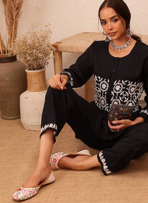 Hand embroidered black cotton lucknowi chikankari co-ord set 6