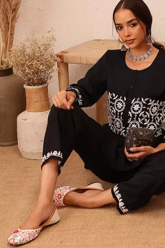 Hand embroidered black cotton lucknowi chikankari co-ord set