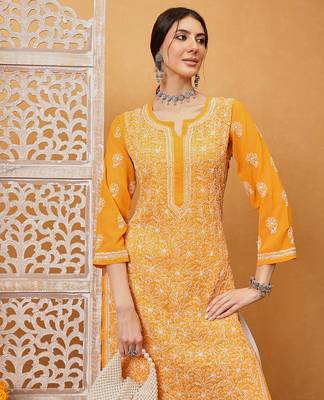 Hand embroidered mustard georgette lucknowi chikankari straight kurta with palazzo 6