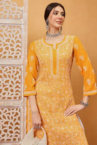 Hand embroidered mustard georgette lucknowi chikankari straight kurta with palazzo