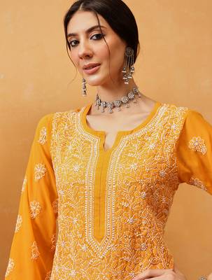 Hand embroidered mustard georgette lucknowi chikankari straight kurta with palazzo 7