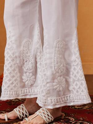 Hand embroidered mustard georgette lucknowi chikankari straight kurta with palazzo 8