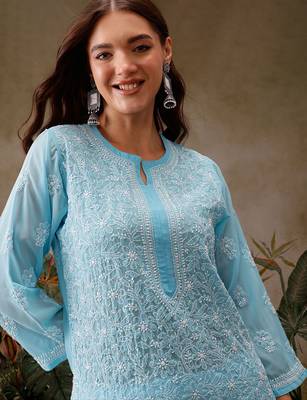 Hand embroidered blue georgette lucknowi chikankari straight kurta with palazzo 6