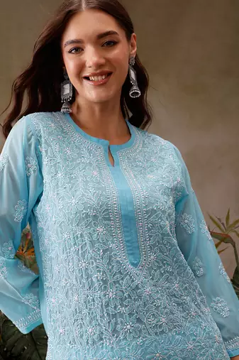 Hand embroidered blue georgette lucknowi chikankari straight kurta with palazzo