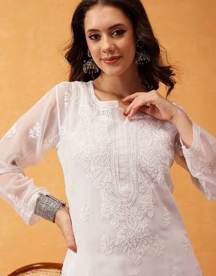 Hand embroidered white georgette lucknowi chikankari kurta set with slip 8