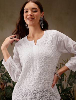 Hand embroidered white georgette lucknowi chikankari kurta straight with trouser set 6
