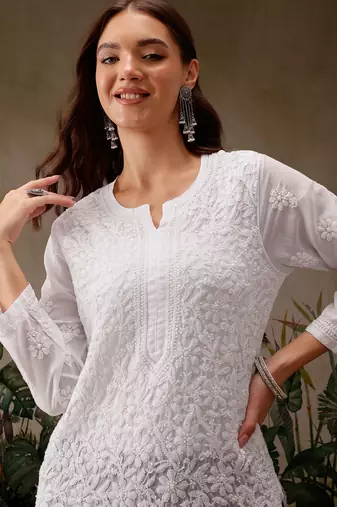 Hand embroidered white georgette lucknowi chikankari kurta straight with trouser set